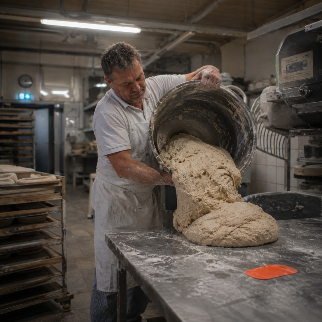 Bäckermeister steht alleine in der Backstube und kippt Teig aus einem Mischbehälter auf einen Stahltisch.